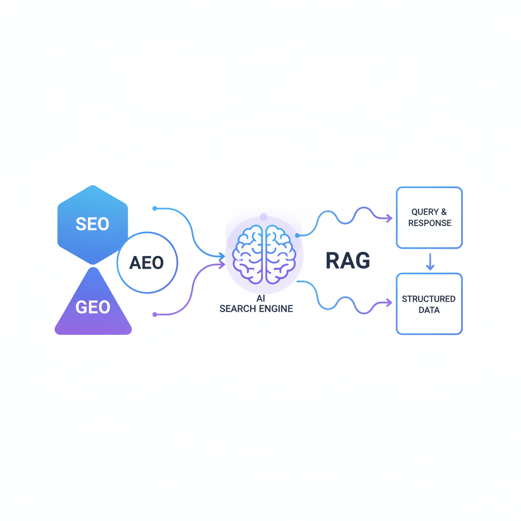 SEO·AEO·GEO 통합 콘텐츠 구조와 RAG 기반 AI 검색 엔진의 정보 인용 흐름을 나타낸 인포그래픽