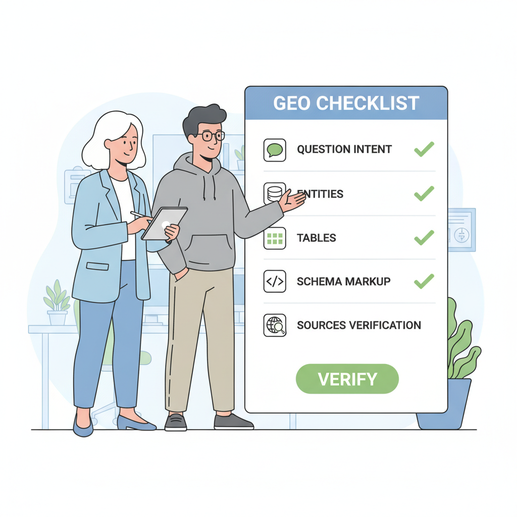 질문 인텐트, 엔티티, 표 데이터, JSON-LD 스키마, 출처를 점검하는 B2B GEO 최적화 체크리스트
