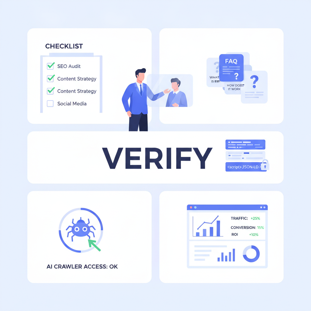 B2B GEO AEO 콘텐츠의 질문 구조, FAQ, 스키마 마크업, AI 크롤러 접근, 성과 지표를 점검하는 실무 체크리스트 삽화