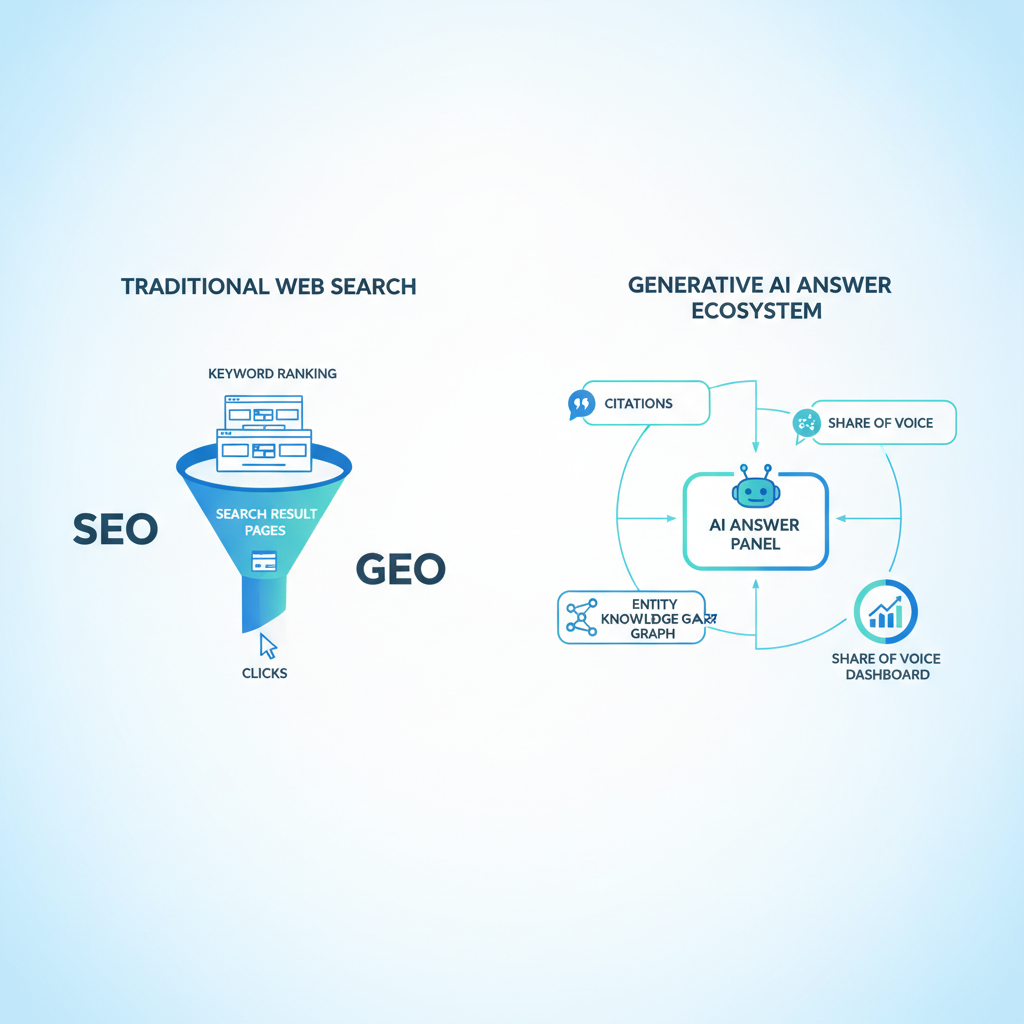 전통적 SEO의 검색 결과 클릭 퍼널과 생성형 AI 답변 내 인용 및 점유율 중심 GEO 구조를 비교한 시각 자료